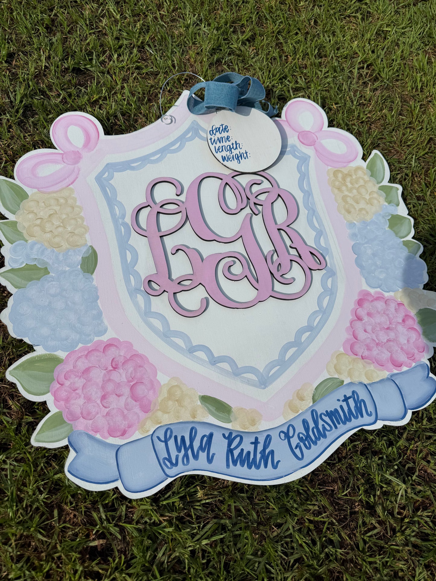 Hydrangea Monogram Crest Baby Girl Doorhanger