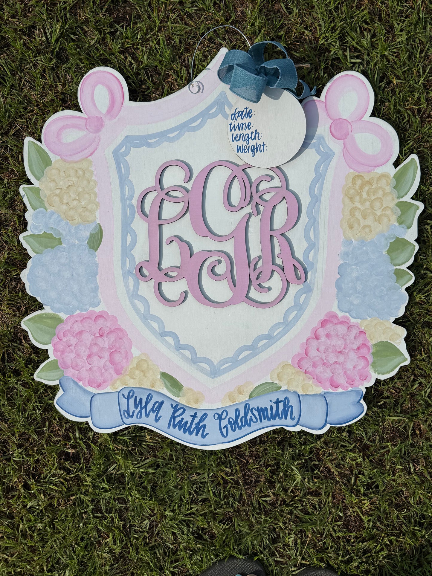 Hydrangea Monogram Crest Baby Girl Doorhanger