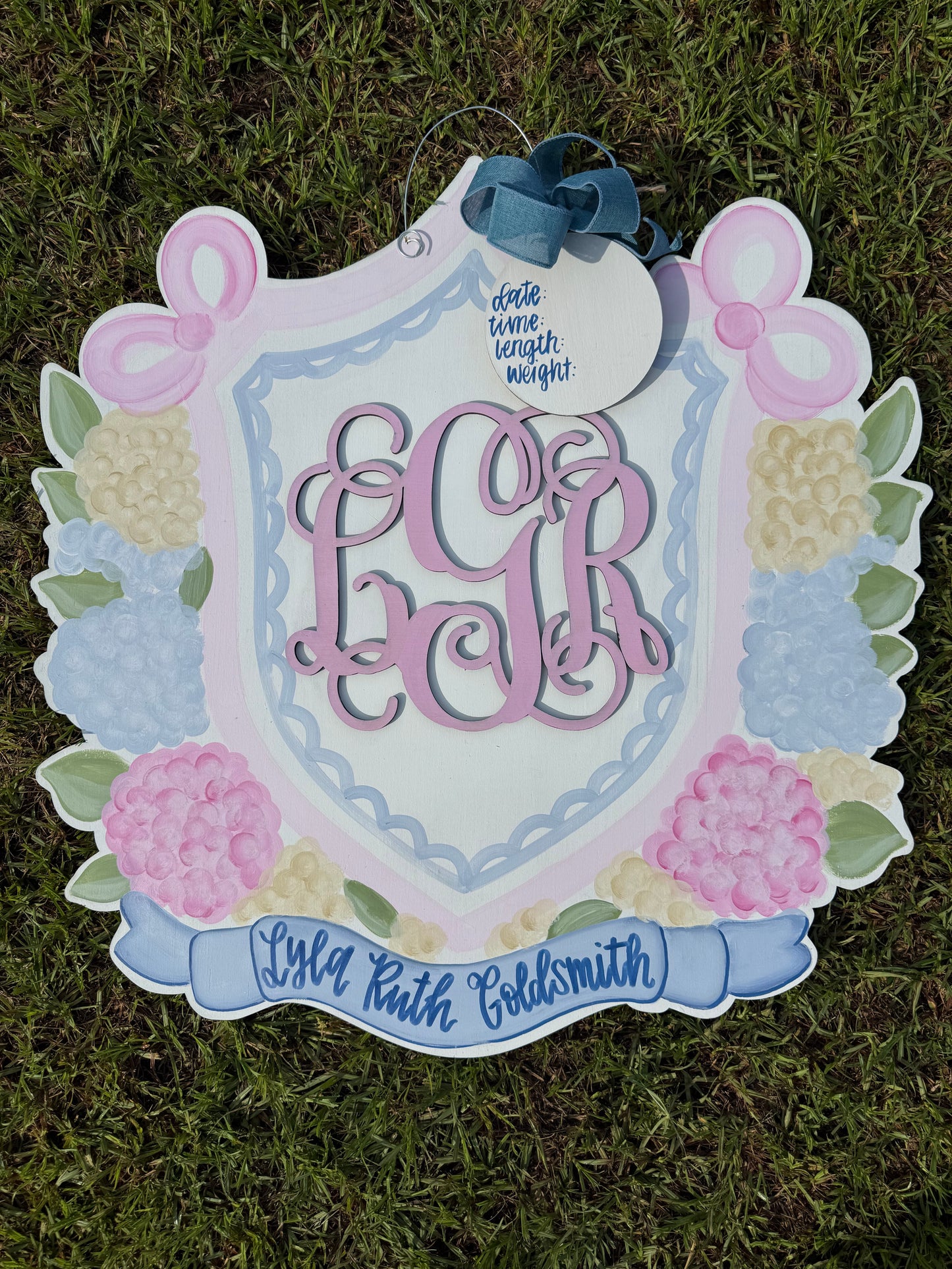 Hydrangea Monogram Crest Baby Girl Doorhanger