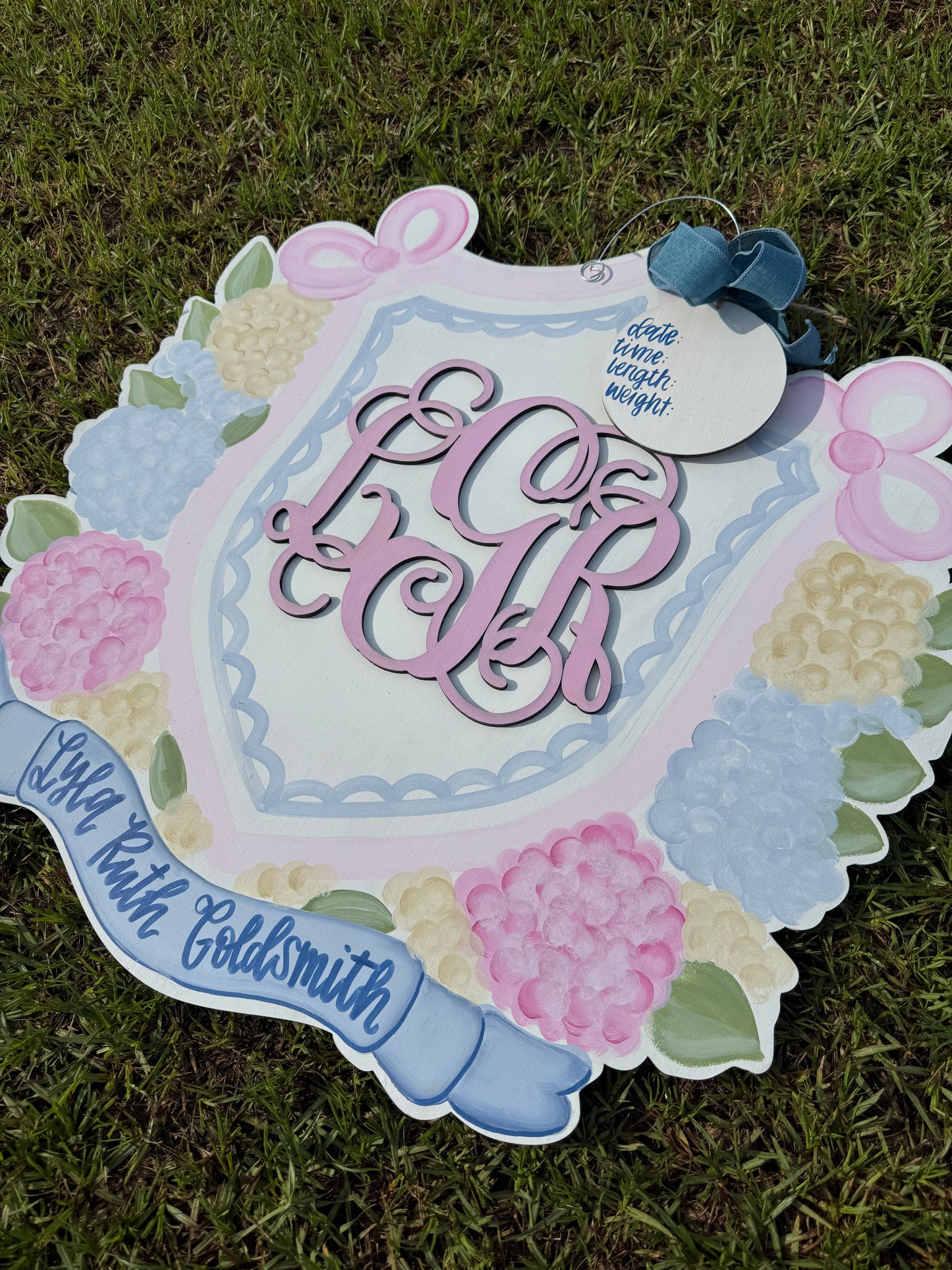 Hydrangea Monogram Crest Baby Girl Doorhanger